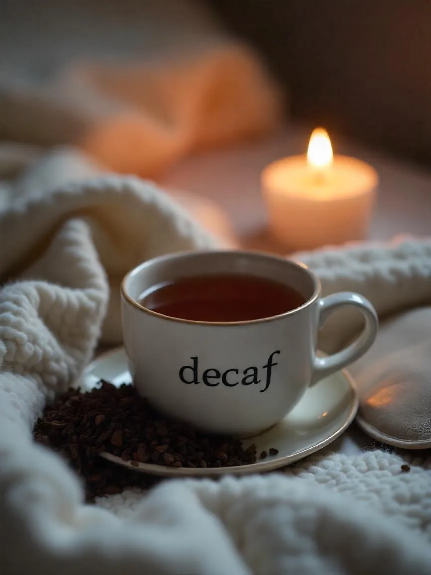 A decaffeinated tea cup beside tea leaves, candlelight, and cozy surroundings, representing the calming and healthful benefits of decaf tea.