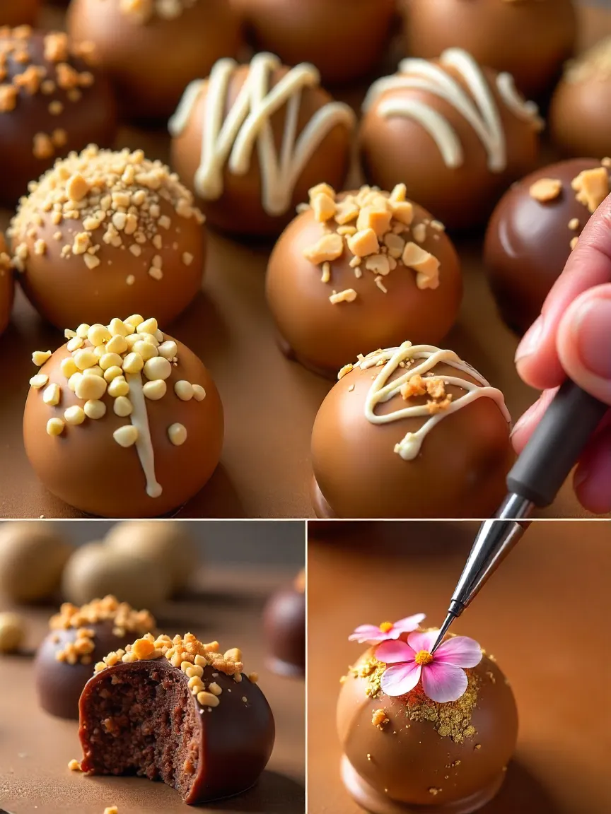 Collage of decorated Biscoff truffles with cookie crumbs, nuts, white chocolate drizzle, edible flowers, and gold leaf.