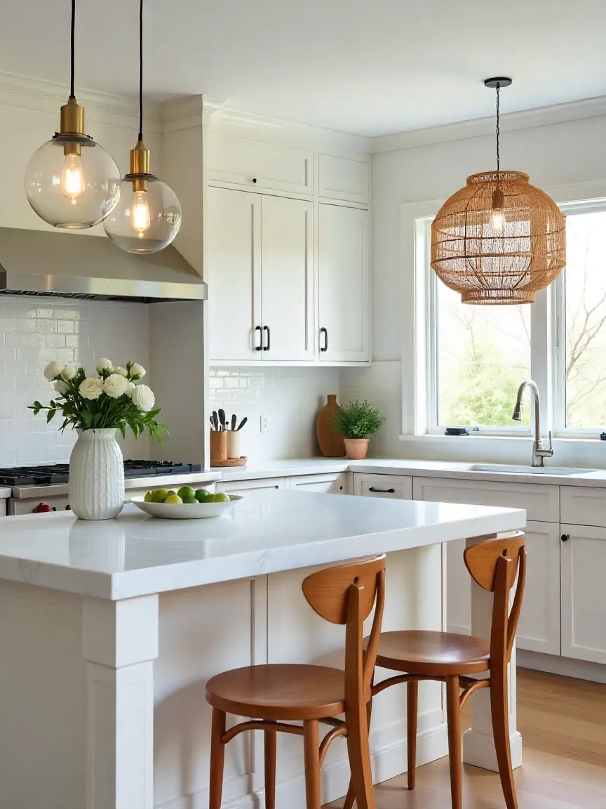 Kitchen lighting with metallic pendants, glass globe fixtures, and rattan accents, adding elegance, texture, and personality to the space.