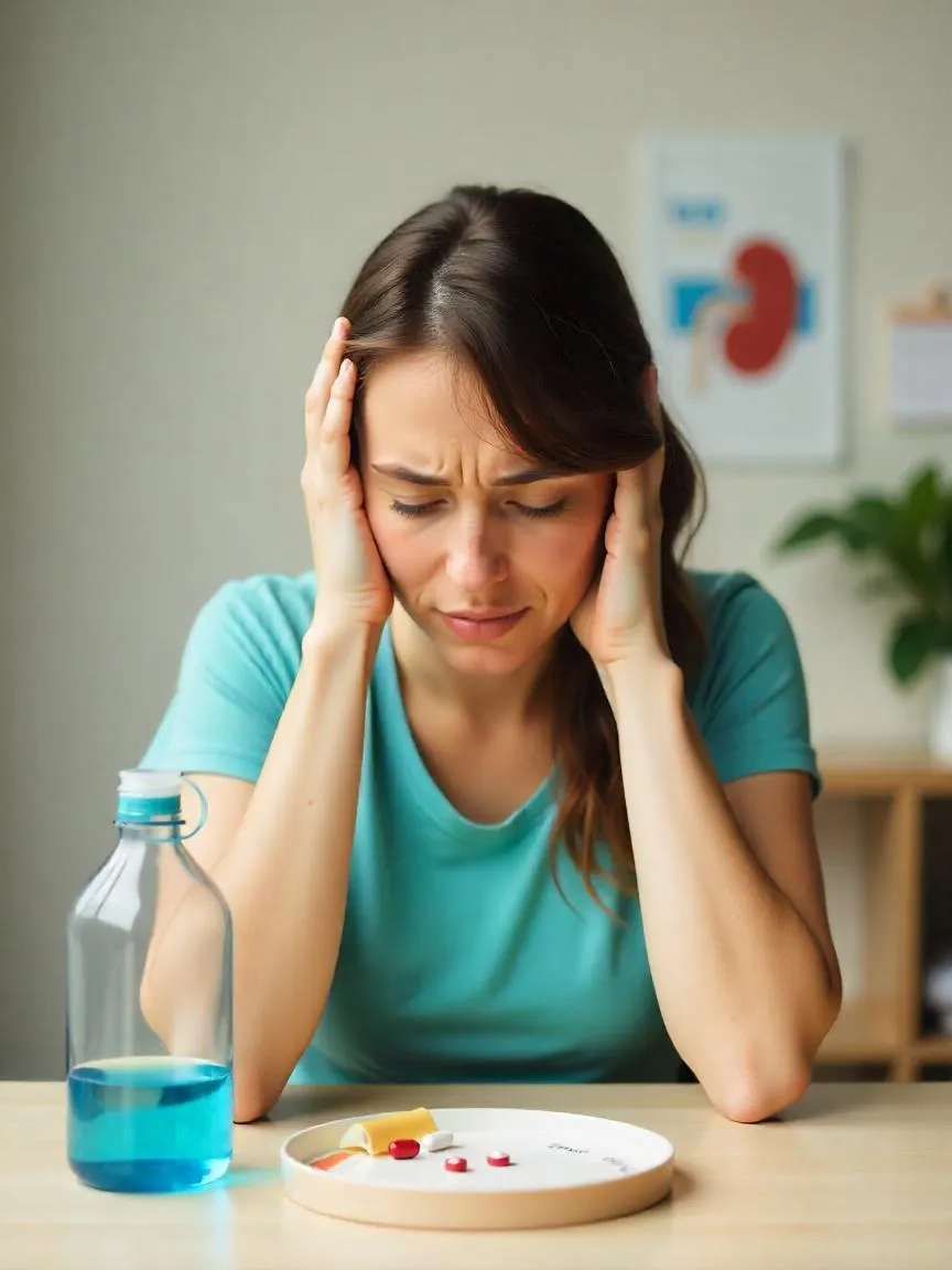 A tired person with a half-full water glass, surrounded by subtle medical symbols, representing the symptoms and health risks of dehydration.