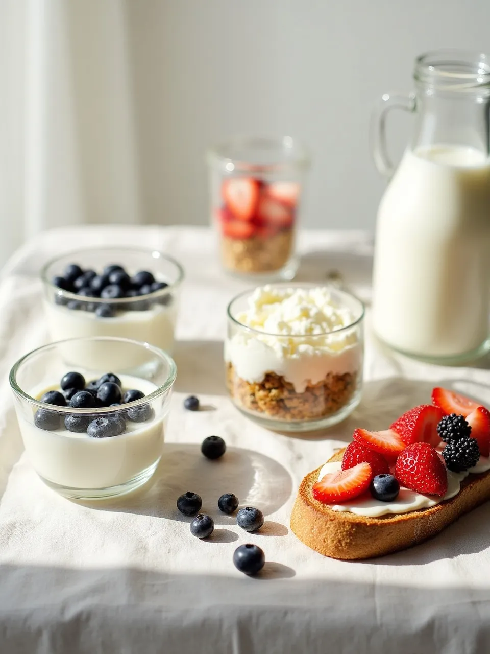 Dairy breakfast options including Greek yogurt with berries, cottage cheese, ricotta parfait, kefir, and mascarpone toast.