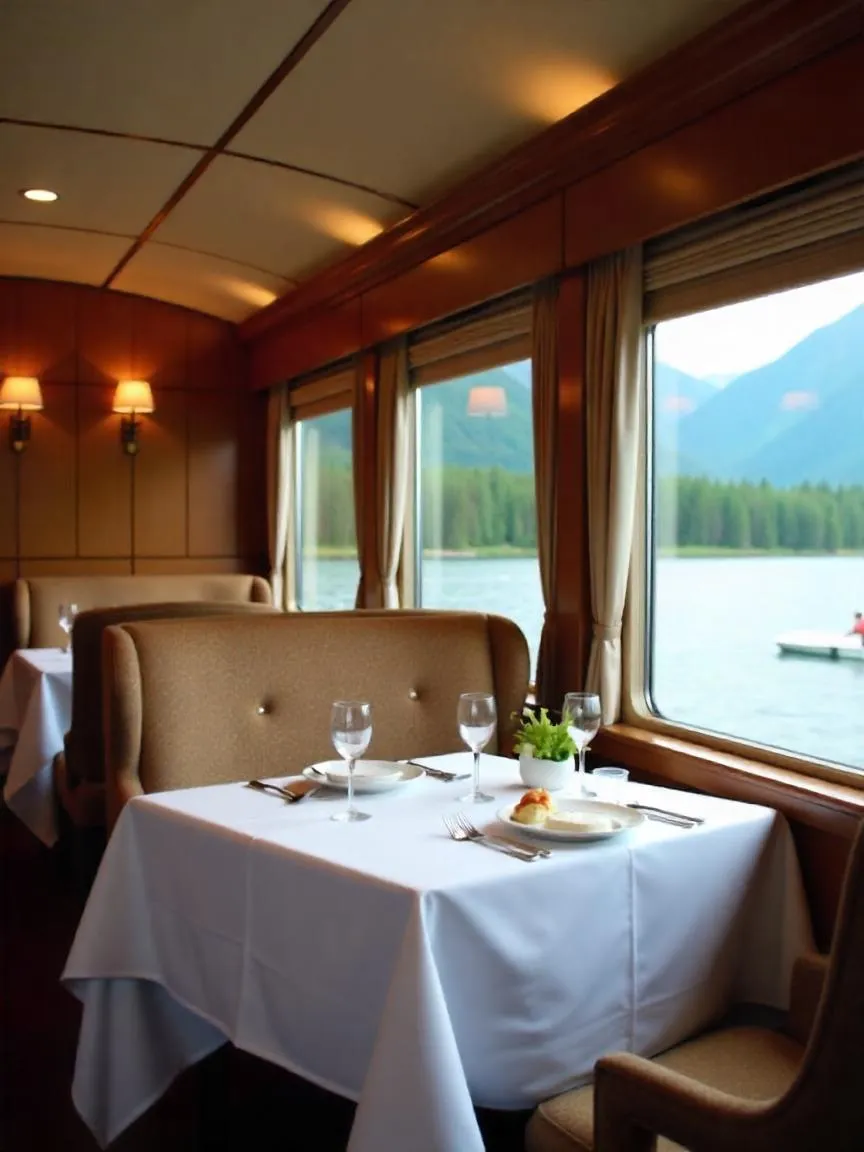 GoldStar dining car on the Denali Star with panoramic windows and passengers enjoying a gourmet Alaskan meal.