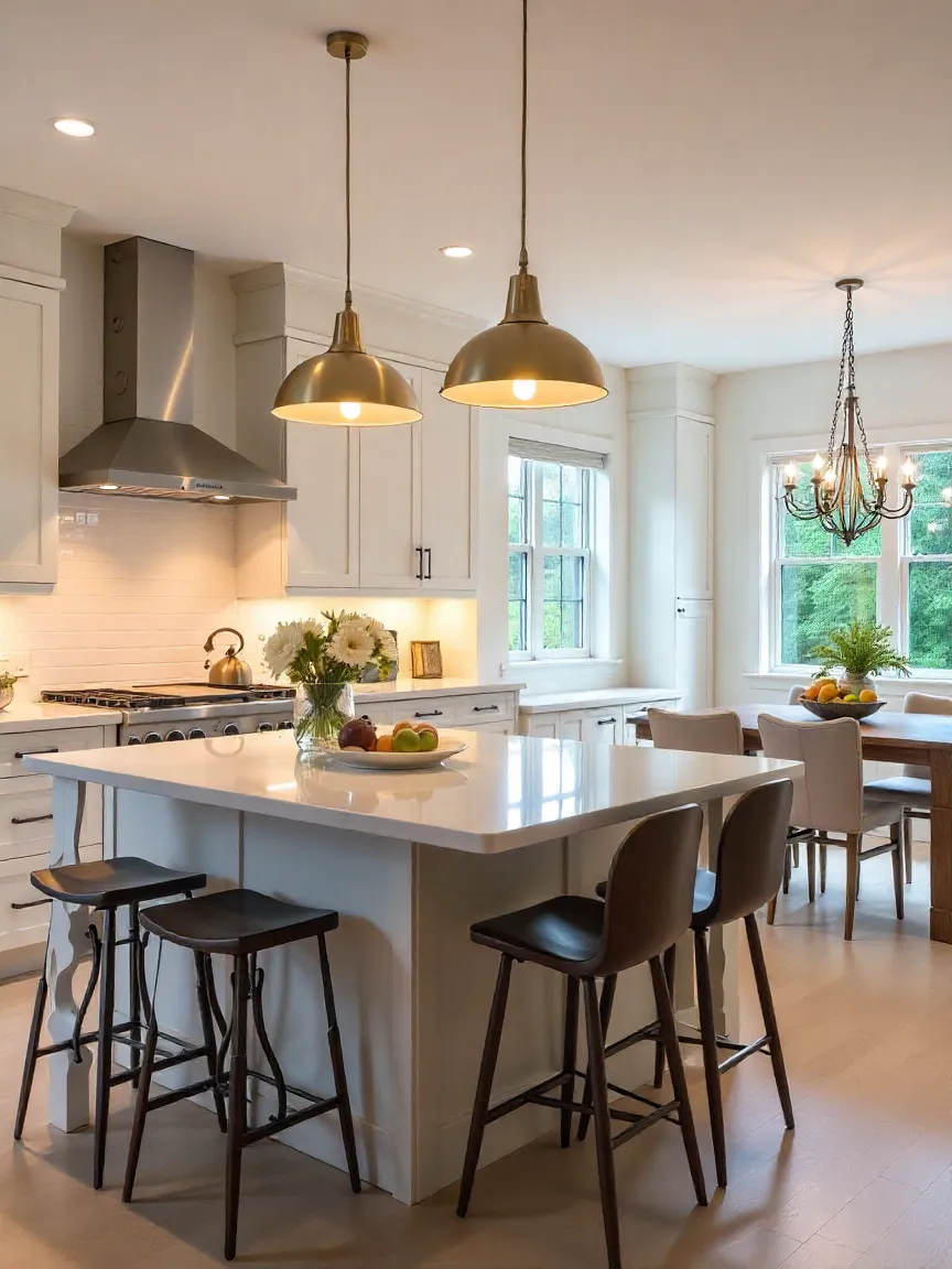 Kitchen with pendant lights, chandelier, and under-cabinet lighting, showcasing stylish and functional light fixture design.