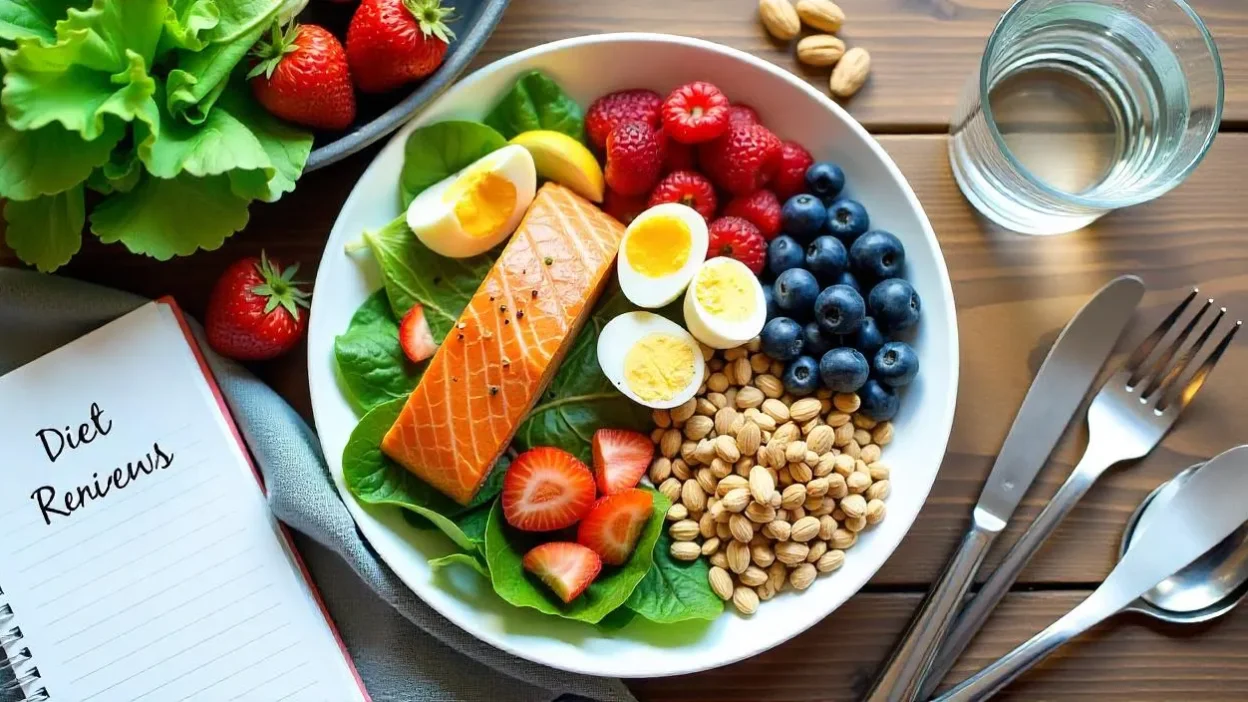 Colorful flat lay of various healthy diet foods including salmon, vegetables, whole grains, nuts, berries, and a notepad labeled “Diet Reviews”.