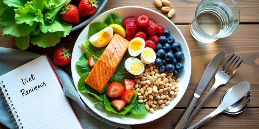 Colorful flat lay of various healthy diet foods including salmon, vegetables, whole grains, nuts, berries, and a notepad labeled “Diet Reviews”.