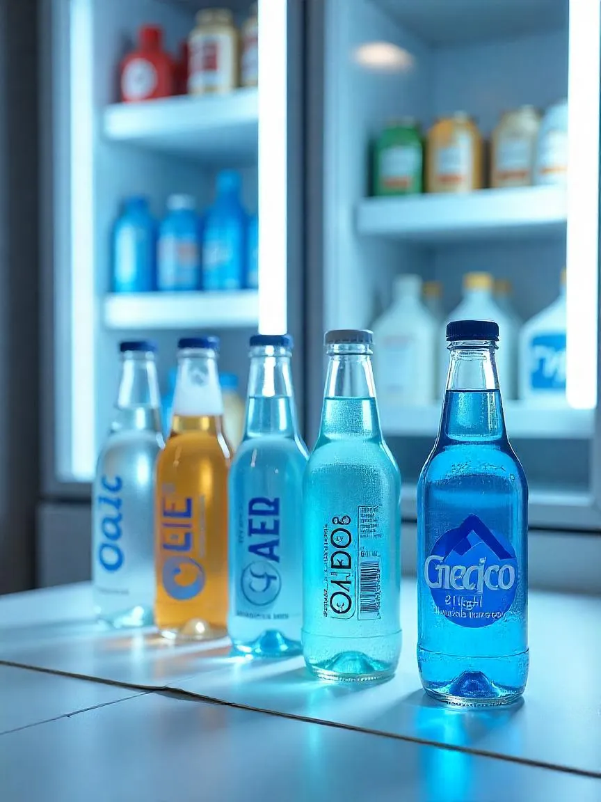 Assorted diet sodas and sugar-free beverages with sleek, minimalist packaging and cool-toned colors representing low-calorie sweeteners.