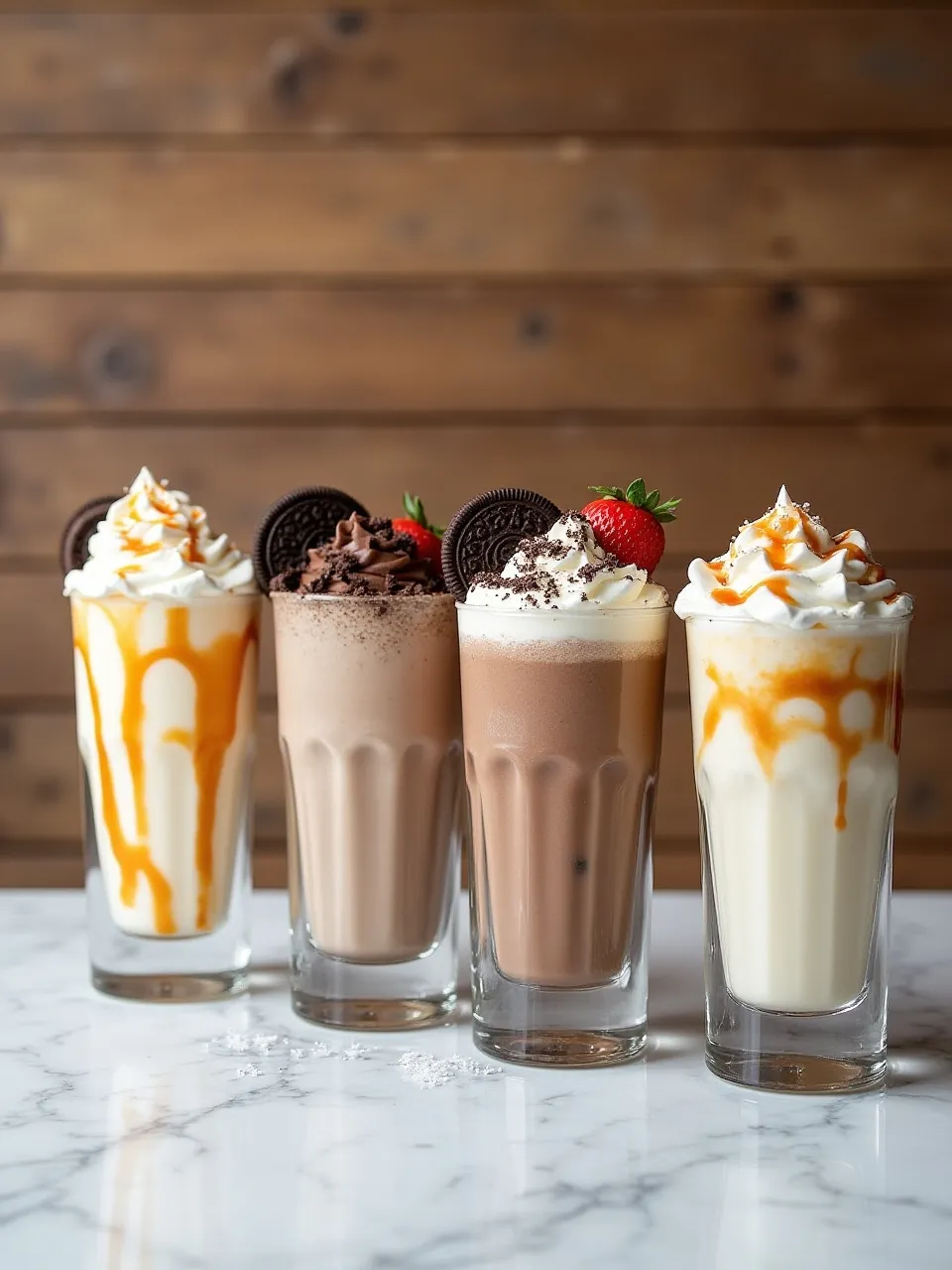 Assortment of milkshake flavors including vanilla, chocolate, strawberry, Oreo, and salted caramel, each topped with unique garnishes.
