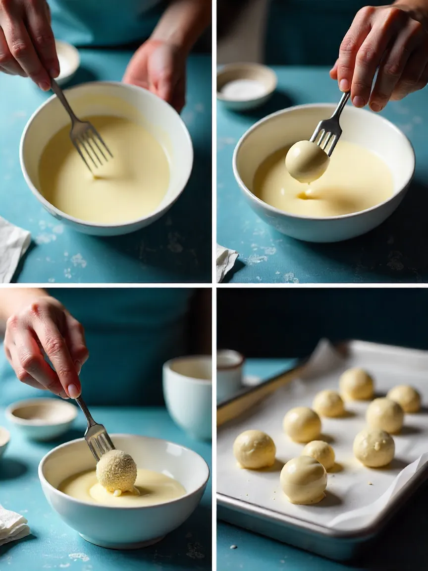 Collage of white chocolate melting, dipping Biscoff truffles, and coated truffles resting on parchment paper.