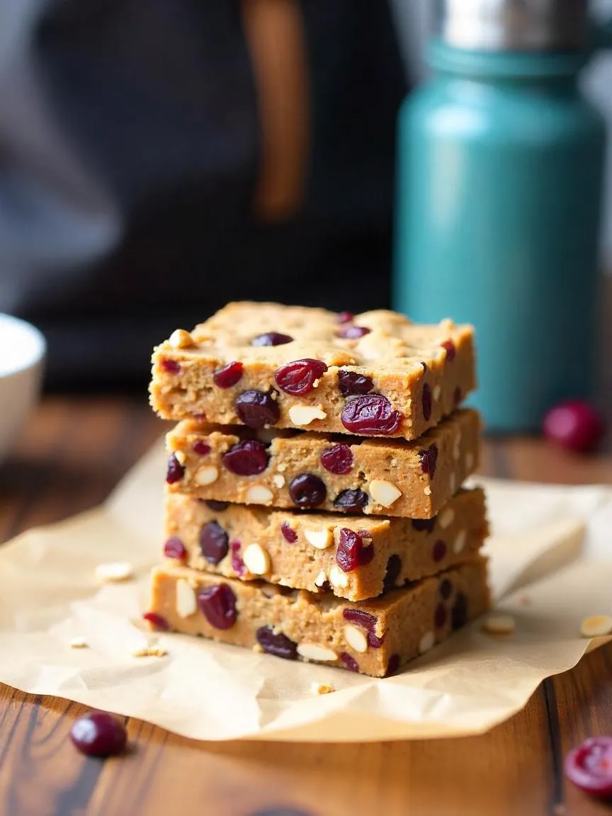Homemade dried cherry almond energy bars stacked on a wooden table with hiking gear in the background.