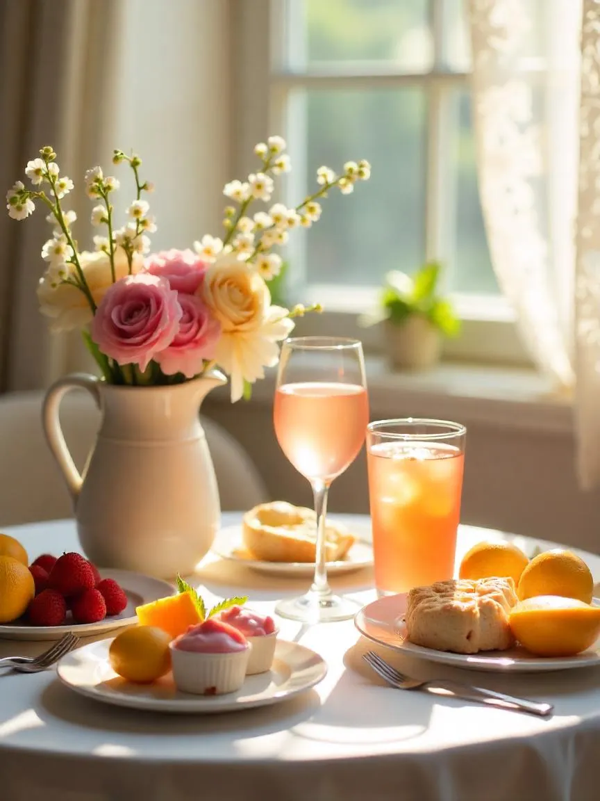 Sunlit Easter brunch table with spring flowers, drinks, and a cozy, nostalgic mood.