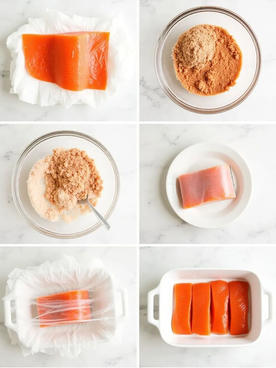Step-by-step process of dry salting salmon: drying, mixing cure, applying salt, wrapping, and refrigerating the fillet.