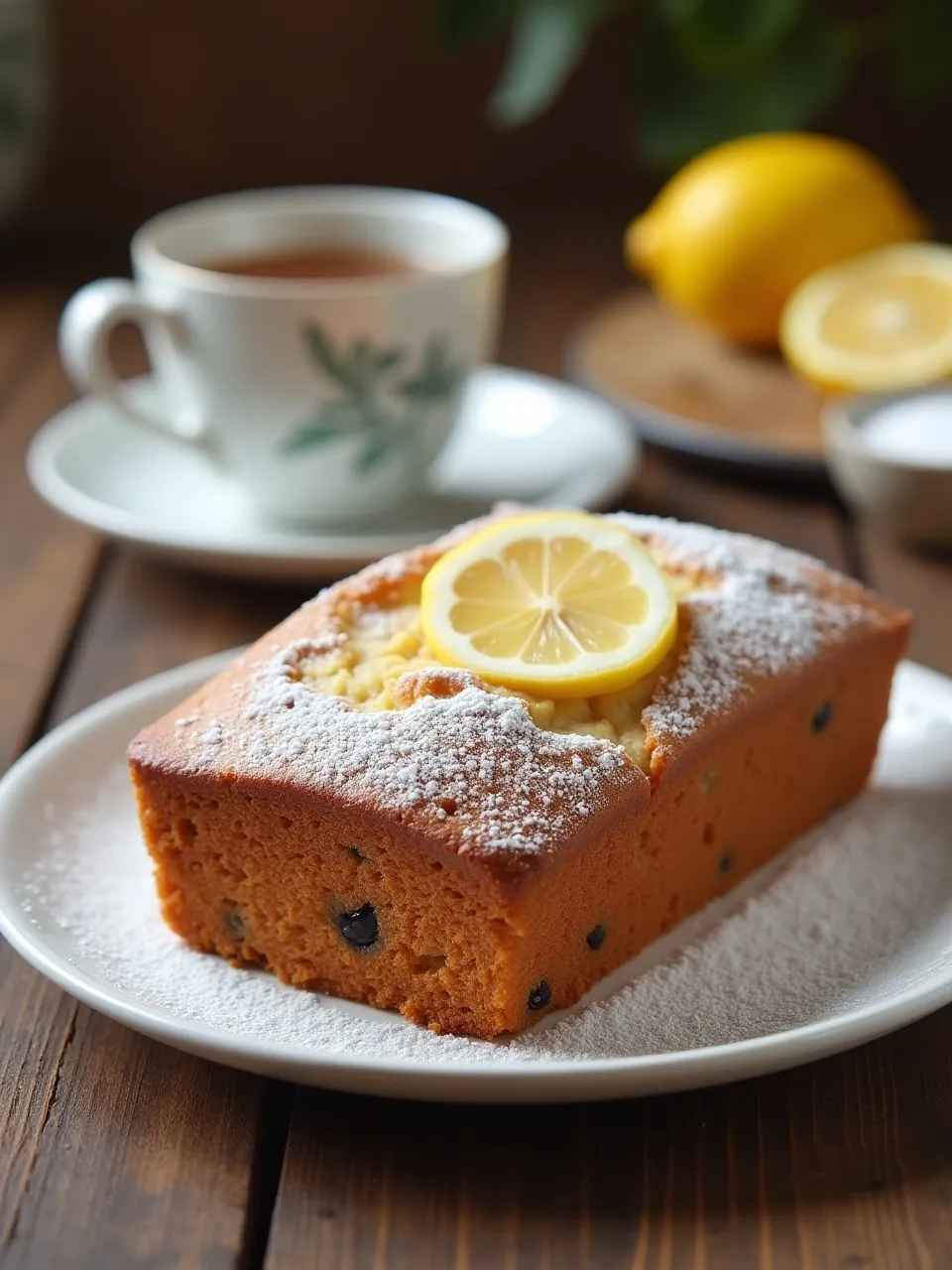 Earl Grey tea cake on a plate with powdered sugar and a drizzle of lemon glaze, served with a cup of tea.