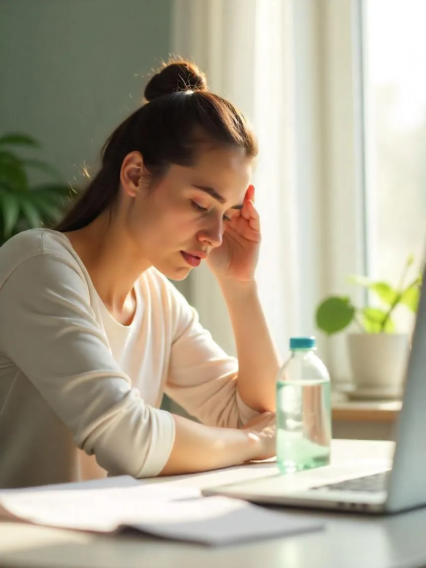 A tired-looking person with a nearby water bottle and clock, symbolizing the importance of staying hydrated before thirst signals appear.