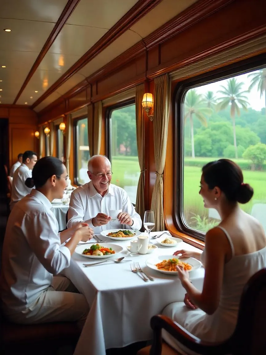 Elegant Eastern & Oriental Express dining car serving Southeast Asian cuisine.