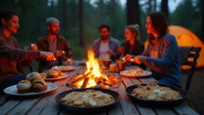 Campers gathered around a fire enjoying s’mores, banana boats, and other easy camping desserts under a forest sunset.