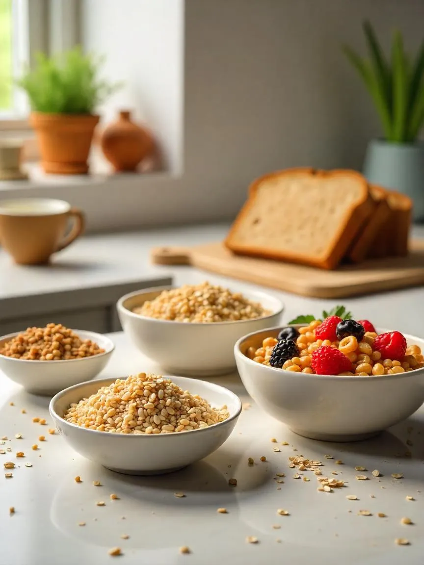 Healthy meals made with whole grains like brown rice, oats, and whole wheat bread, alongside bowls of raw grains on a kitchen counter.