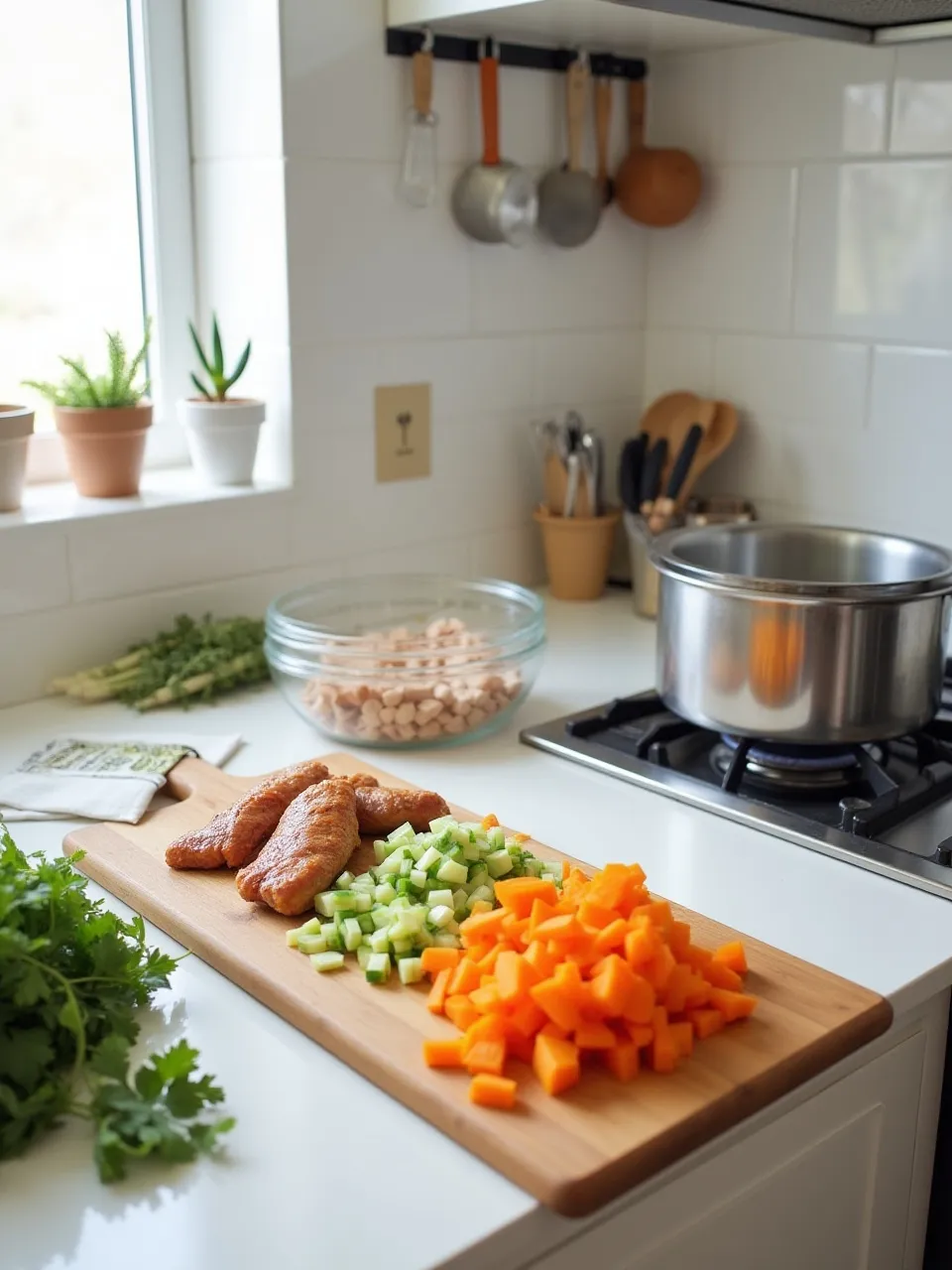 Weekend meal prep with chopped vegetables, marinated chicken, and cooking tools arranged neatly in a bright, organized kitchen.