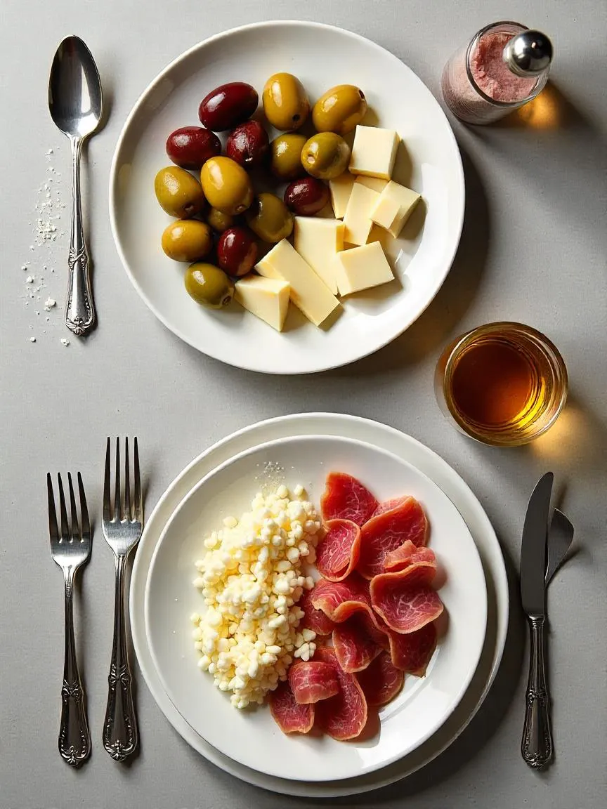 Side-by-side plates showing large and smaller portions of salty foods. 