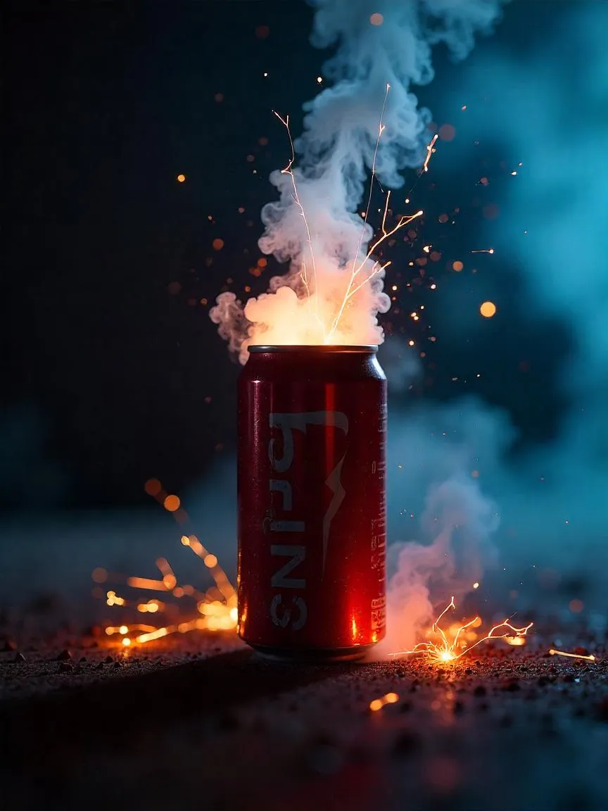 An open energy drink can emitting vapor and energy sparks, symbolizing the contrast between an energy boost and potential burnout.