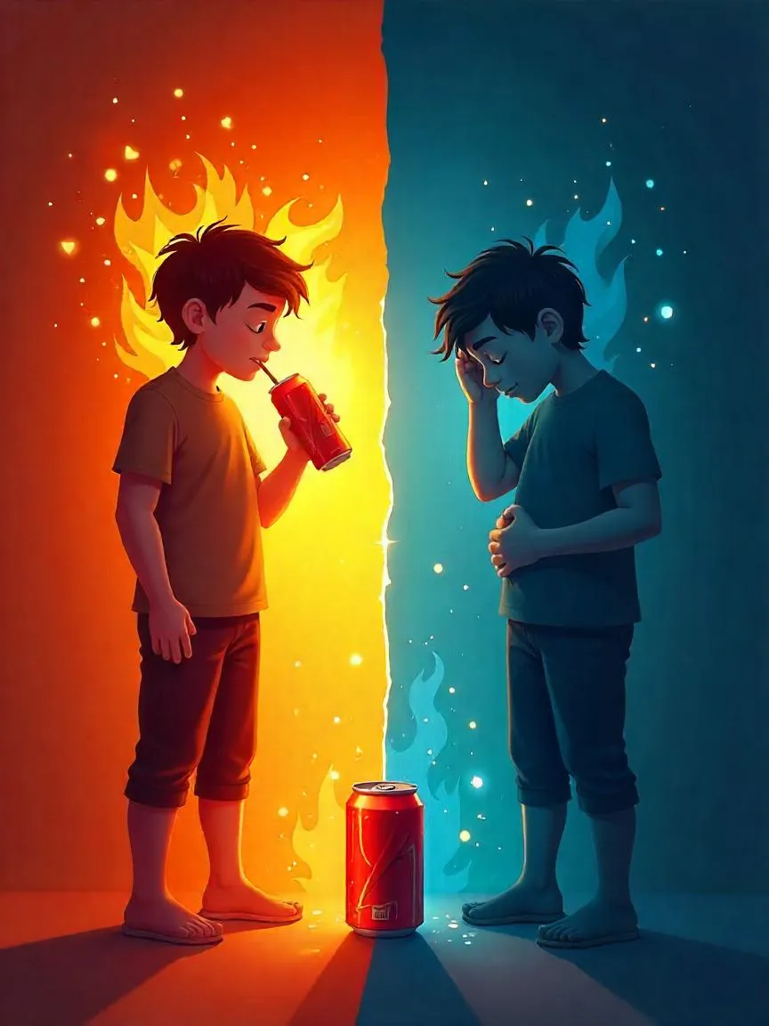 Split scene showing short-term energy and long-term fatigue effects from energy drink consumption.