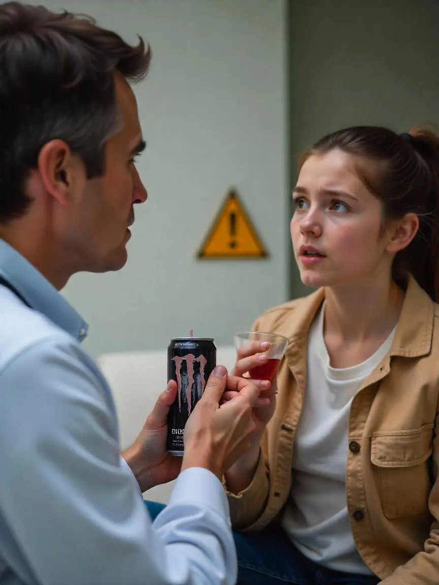 Concerned adult discussing health risks of energy drinks with a teen holding a can.