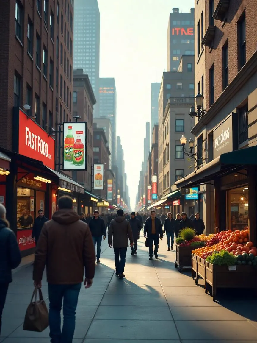City environment showing how access to food and physical spaces influences healthy or unhealthy lifestyle choices.