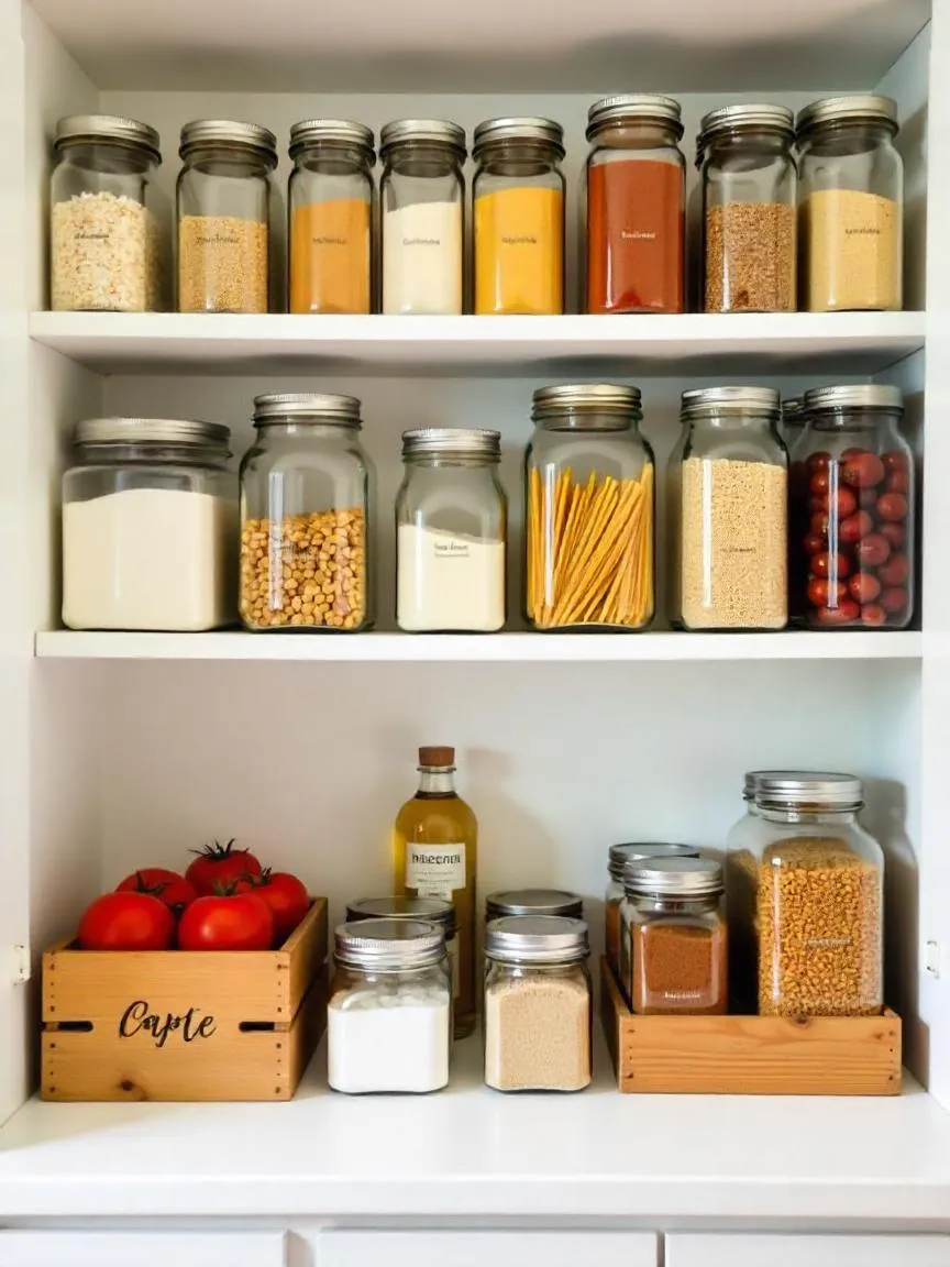 Organized pantry shelves with jars of grains, canned goods, cooking oils, spices, and nuts in a bright, tidy kitchen. 