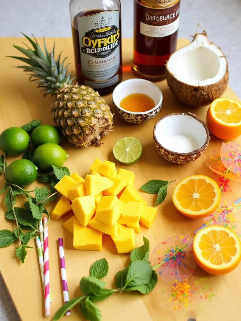 Fresh tropical ingredients like pineapple, mango, lime, coconut, and rum arranged on a bright summer table for cocktails.