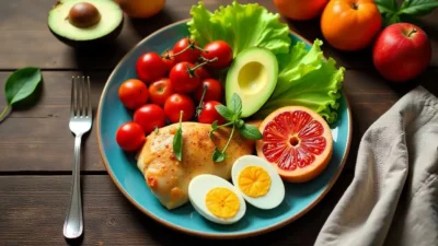 A colorful dinner plate featuring vitamin- and mineral-rich foods like avocado, eggs, tomatoes, apples, chicken, and grapefruit.