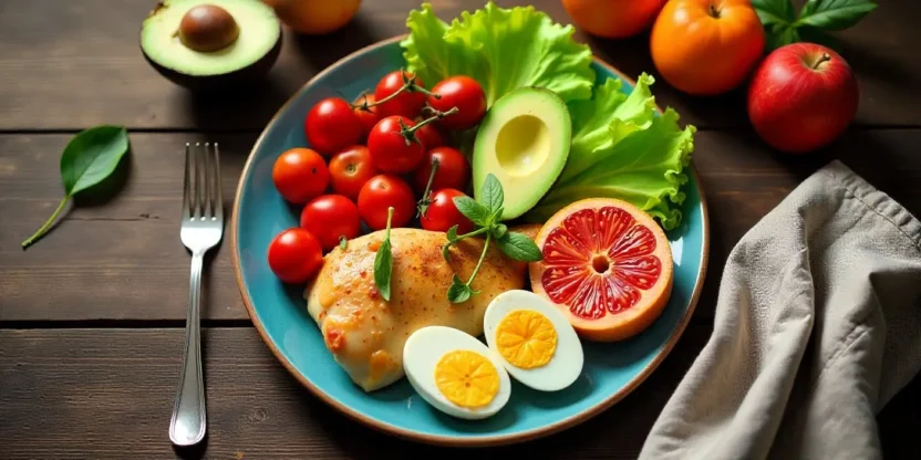 A colorful dinner plate featuring vitamin- and mineral-rich foods like avocado, eggs, tomatoes, apples, chicken, and grapefruit.