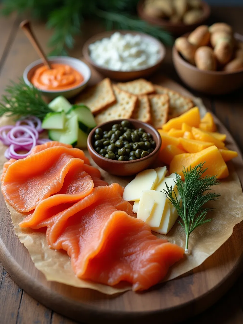 Smoked salmon board with cheeses, crackers, and garnishes, neatly arranged for a stylish and flavorful presentation.