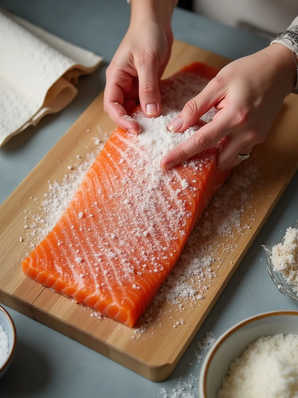 Coarse salt and sugar being evenly applied to a salmon fillet with gentle hand pressure on a wooden board.