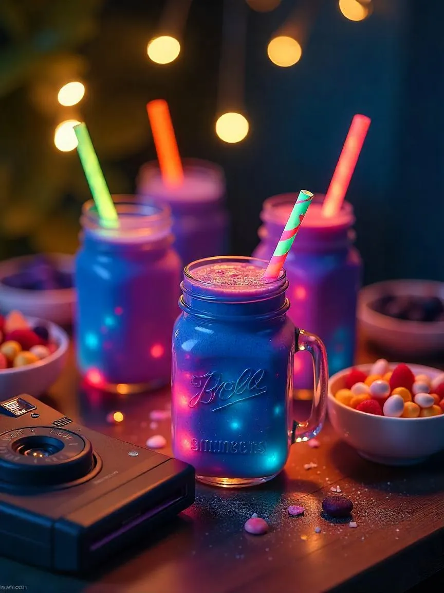 Galaxy smoothies in mason jars with glow-in-the-dark straws, colorful toppings, fairy lights, and a Polaroid camera at a cosmic-themed party setup.