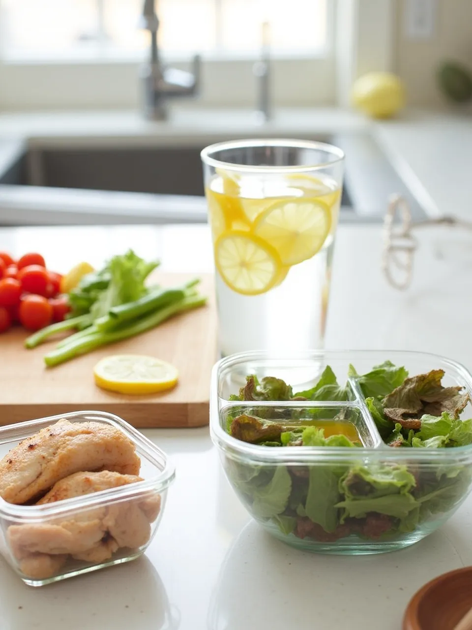 Healthy eating setup with fresh vegetables, portioned meals, and hydration tips on a bright kitchen counter.