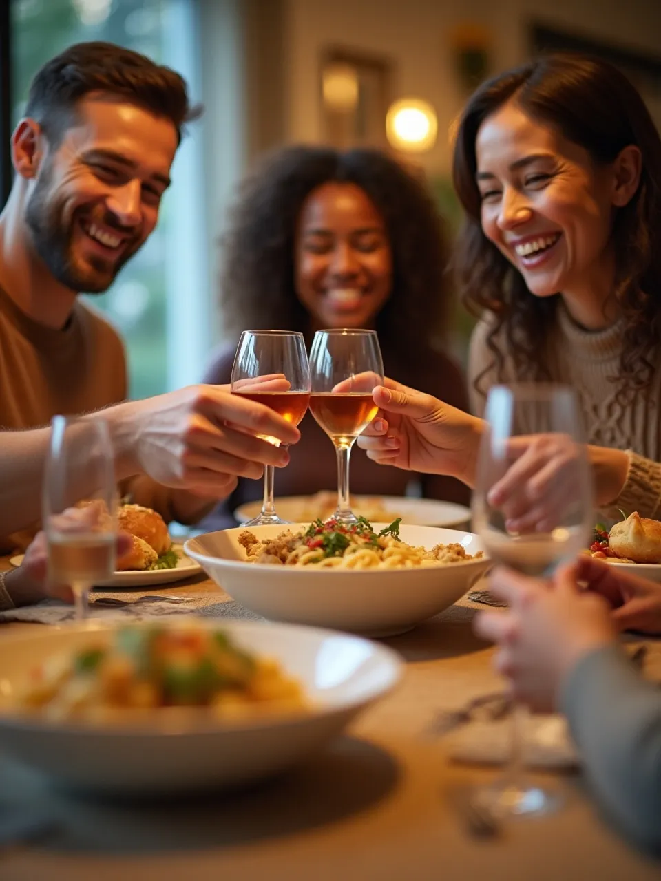 Family bonding over a shared weekend meal with laughter, conversation, and homemade dishes on a cozy dining table.