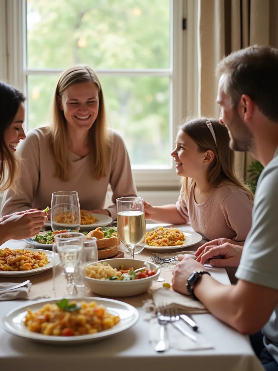 Family enjoying a homemade weekend meal together at a bright dining table with comforting dishes and a relaxed atmosphere.