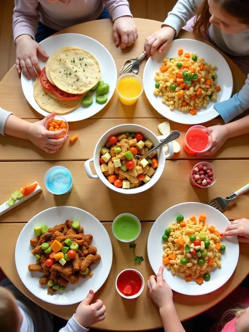 A table with easy family meals and healthy snacks, including tacos, pasta, fruit, and veggie sticks in a warm, welcoming kitchen. 