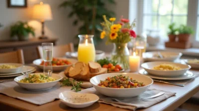 Beautifully set family dinner table with comforting weekend dishes, fresh salads, and warm lighting in a cozy home setting.
