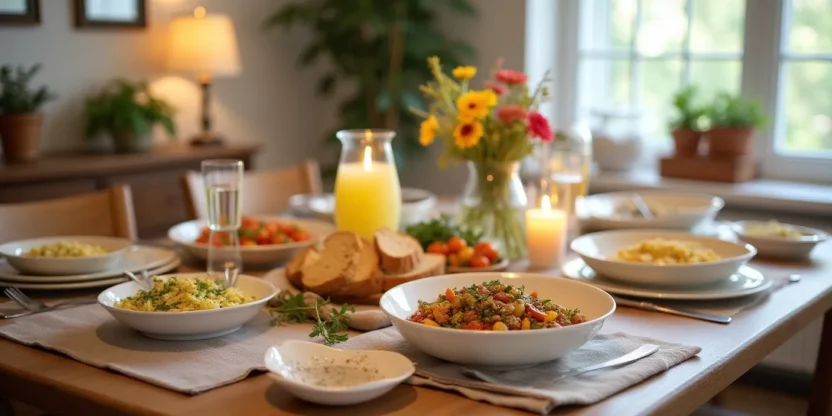 Beautifully set family dinner table with comforting weekend dishes, fresh salads, and warm lighting in a cozy home setting.