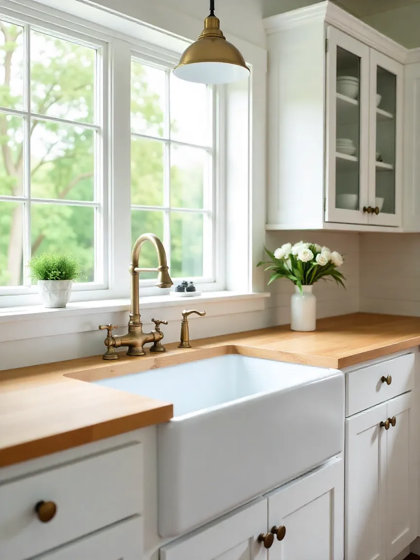 White farmhouse sink with apron-front design, brass faucet, and rustic wooden countertop in a bright, classic kitchen setting.