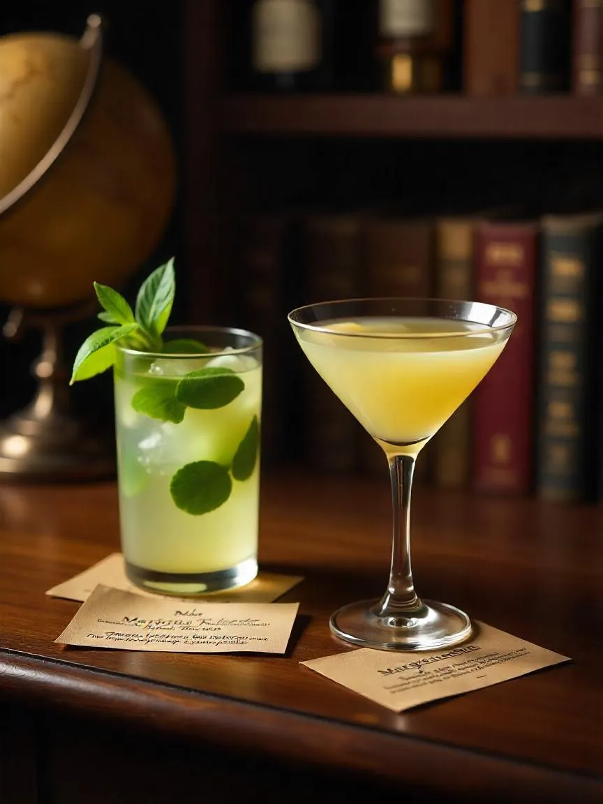 Classic cocktails like the Mojito and Margarita in a vintage bar setting, each labeled with its name and origin, surrounded by books and bar tools.