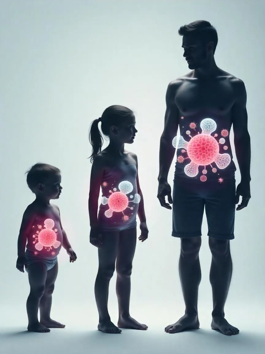 Three clothed human figures—a baby, a teen, and an adult—illustrating changes in number and size of fat cells across life stages.