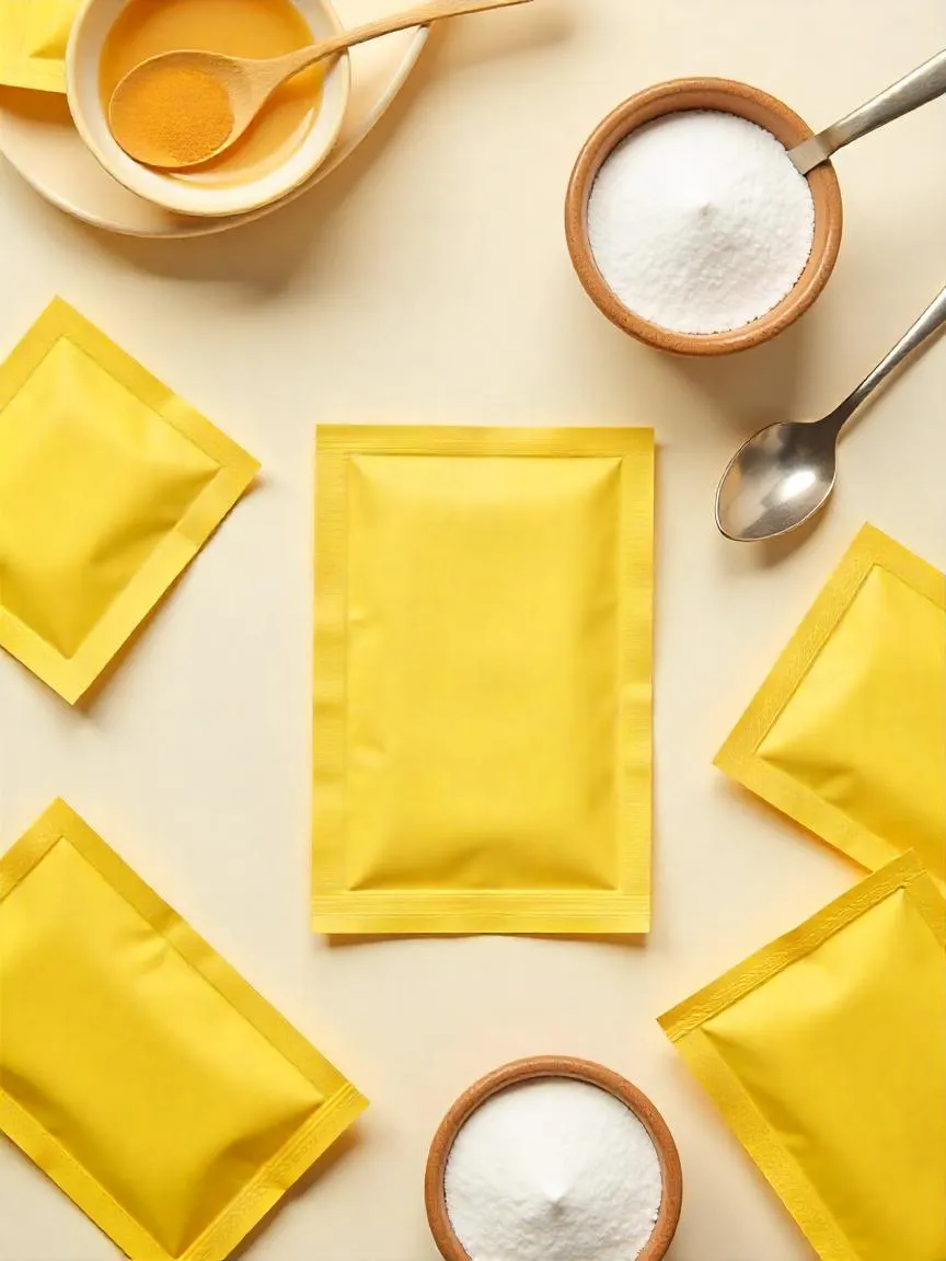 Assorted colored tabletop sweetener packets next to a spoon and teacup on a neutral background, representing different FDA-approved low-calorie sweeteners.
