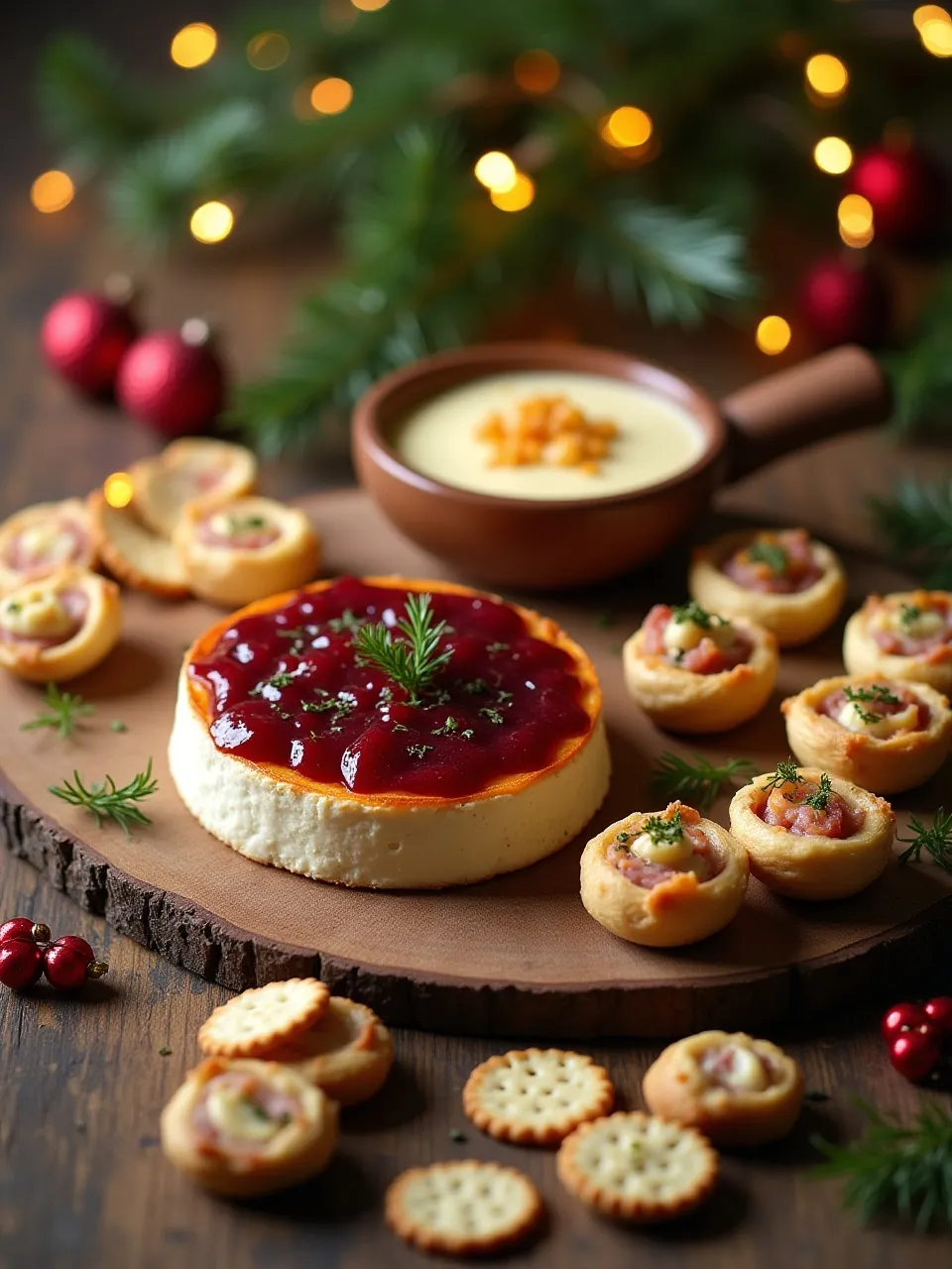 Festive Christmas appetizers including baked brie with cranberry, pinwheels, stuffed mushrooms, and pimiento cheese dip with crackers.