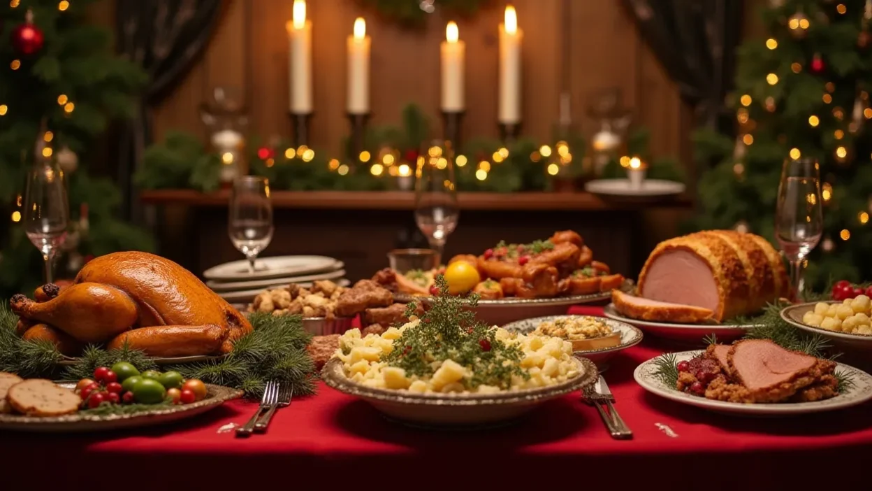 Festive Christmas dinner table with roast turkey, glazed ham, mashed potatoes, salad, cookies, and a Yule log cake.