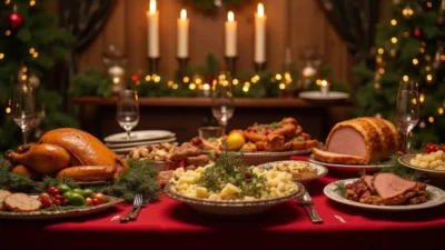 Festive Christmas dinner table with roast turkey, glazed ham, mashed potatoes, salad, cookies, and a Yule log cake.