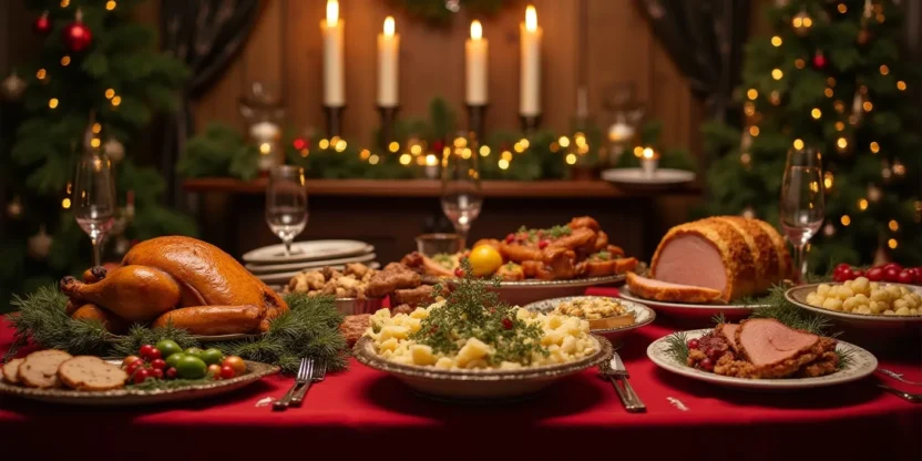 Festive Christmas dinner table with roast turkey, glazed ham, mashed potatoes, salad, cookies, and a Yule log cake.