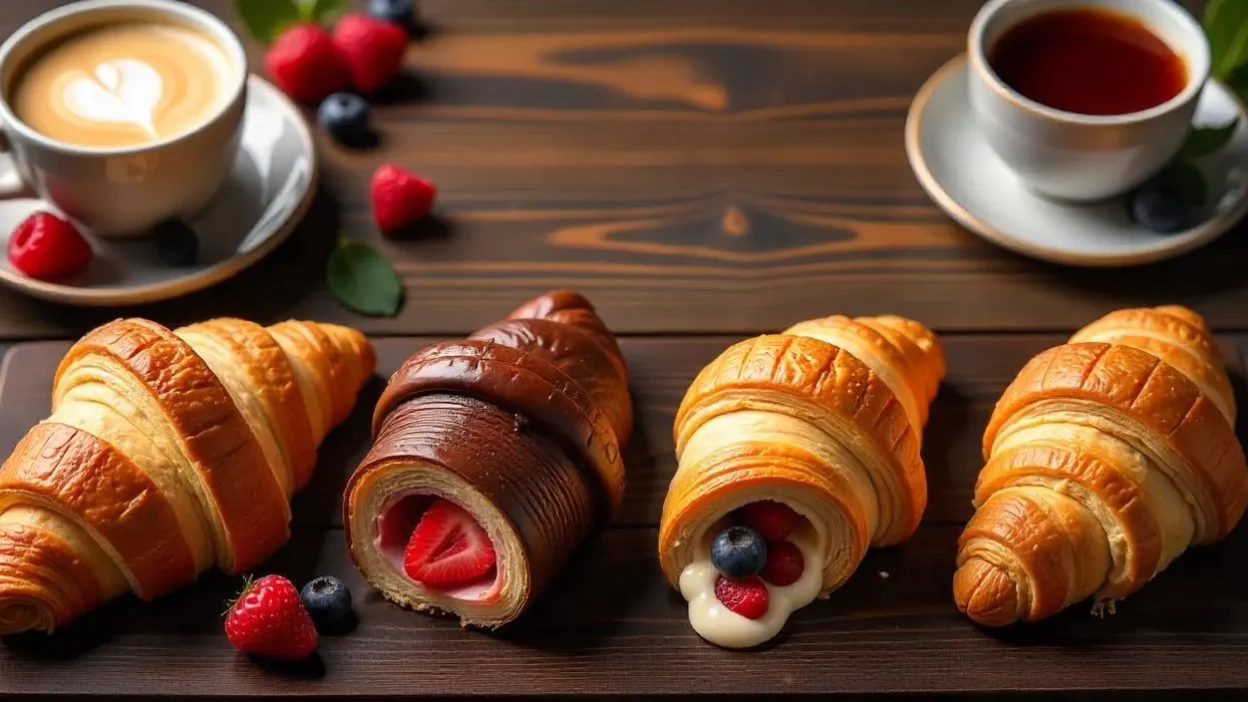 A variety of filled croissants on a wooden table, each showcasing different sweet and savory fillings, with coffee and berries in a cozy brunch setting.
