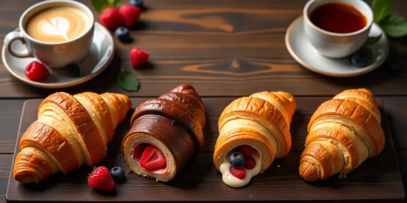 A variety of filled croissants on a wooden table, each showcasing different sweet and savory fillings, with coffee and berries in a cozy brunch setting.