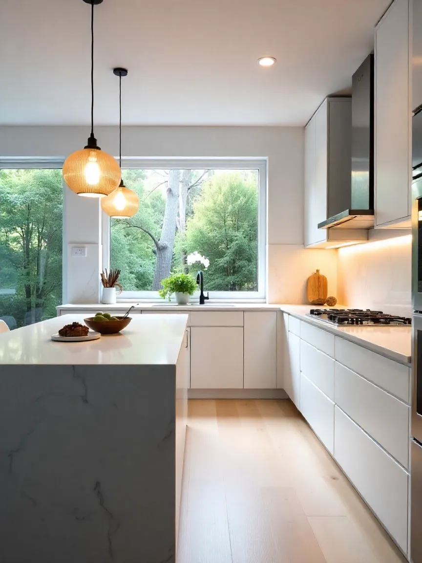 Modern kitchen featuring layered lighting, energy-efficient LED fixtures, and natural daylight for a balanced, functional design.